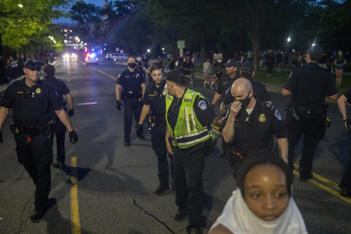 Police officers near a demonstration in Washington on May 29, 2020. (Tasos Katopodis/Getty Images)