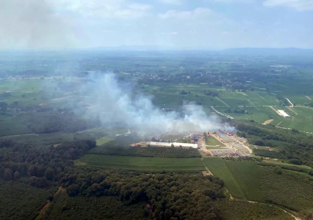 An aerial view of the firework factory following a blast is seen from a helicopter of Turkish Interior Minister Suleyman Soylu, in Hendek in Sakarya province, Turkey, on July 3, 2020. (Turkish Interior Ministry/Handout/Reuters) 