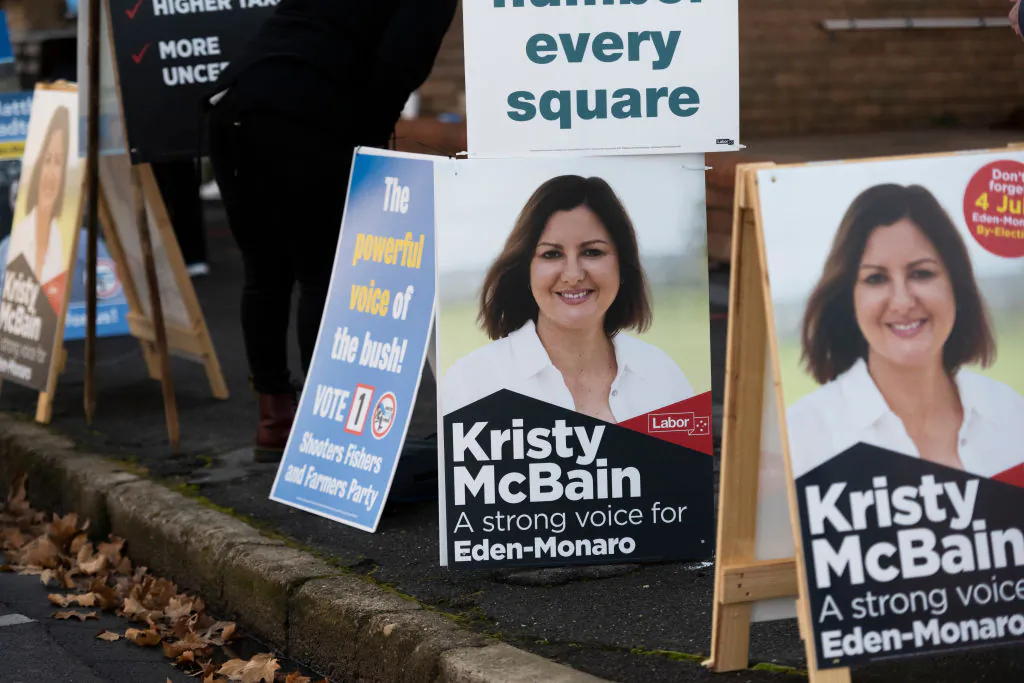 Election signages for Labor's candidate Kristy McBain are displayed outside a voting centre on July 4, 2020 in Queanbeyan, Australia. (Rohan Thomson/Getty Images)