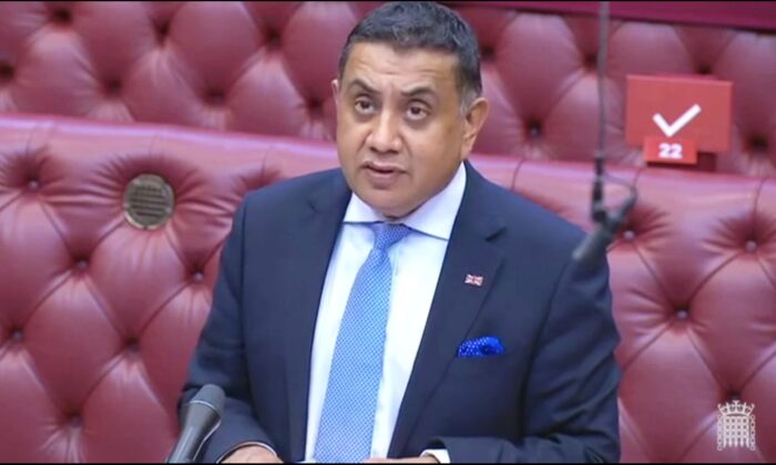 The Minister of State, Foreign and Commonwealth Office and Department for International Development, Lord Ahmad of Wimbledon (Con) looks on as he answers questions on Global Human Rights Sanctions Regime, in House of Lords chamber, in London, Britain, on July 8, 2020. (Screenshot/Parliament TV)