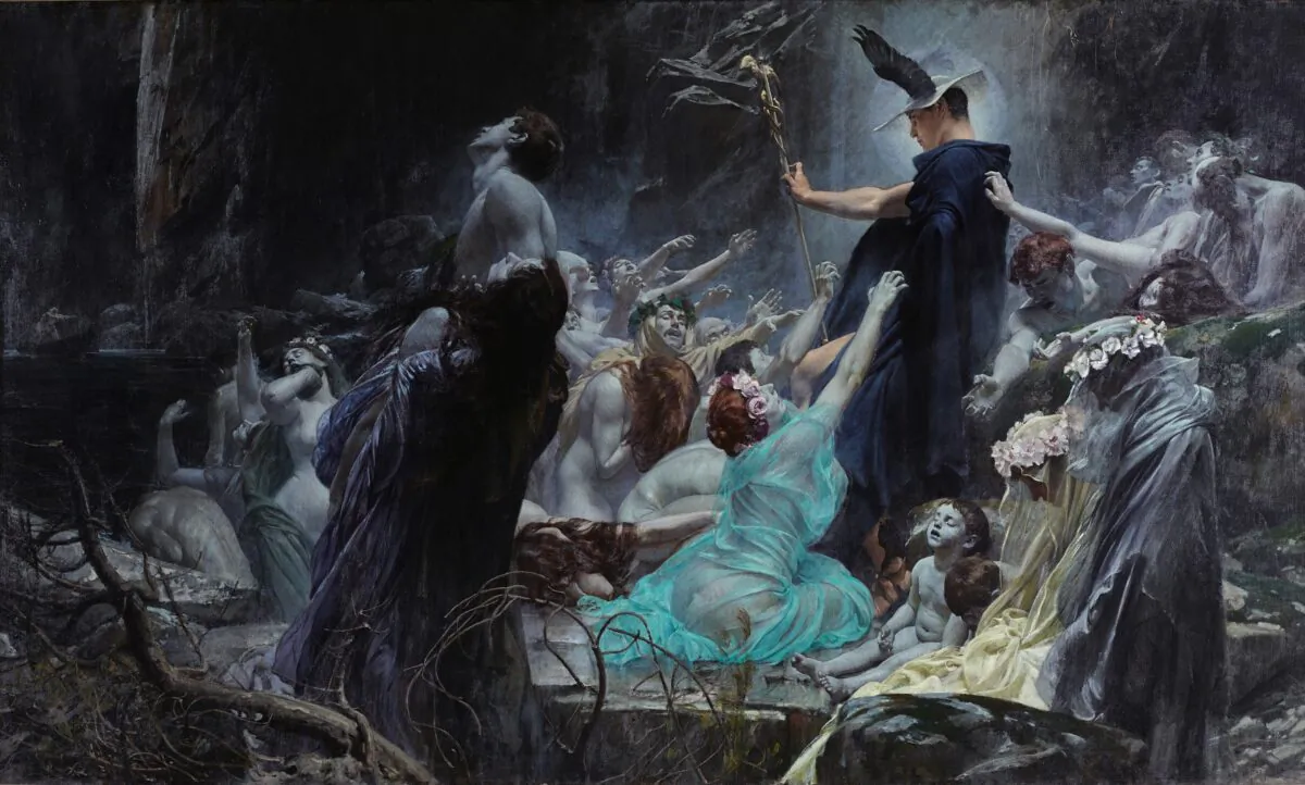 “Souls on the Banks of the Acheron,” in 1898 by Adolf Hirémy-Hirschl. Oil on Canvas, 7 feet by 11 feet. Belvedere Palace, Austria. (Pubic Domain)