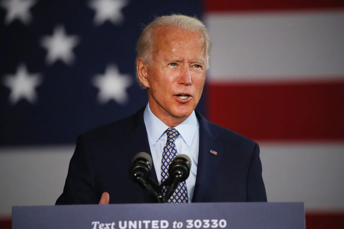 Presumptive Democratic presidential nominee Joe Biden speaks at McGregor Industries in Dunmore, Penn., on July 9, 2020. (Spencer Platt/Getty Images)