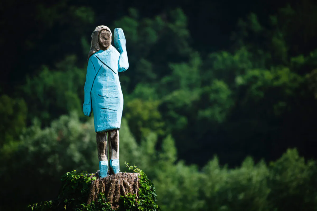 A statue of first lady Melania Trump, sculpted by conceptual artist Ales 'Maxi' Zupevc, after it was vandalized near the first lady's hometown of Sevnica, Slovenia, on July 5, 2019. (Jure Makovec/AFP via Getty Images)