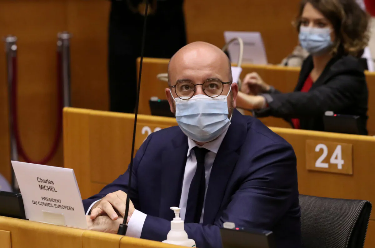 European Council President Charles Michel attends a debate about EU financing and economic recovery with EU lawmakers at the European Parliament in Brussels, Belgium, on July 8, 2020. (Yves Herman/Reuters)