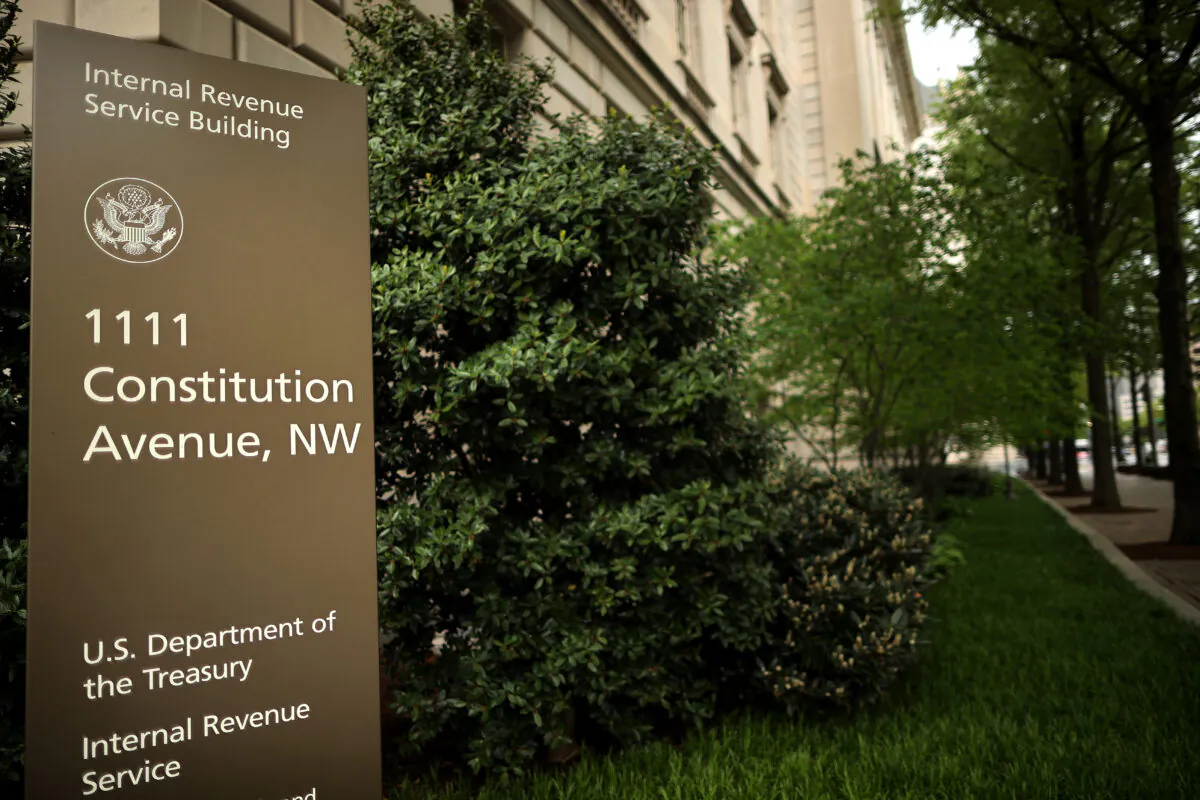 The Internal Revenue Service headquarters building appeared to be mostly empty in the Federal Triangle section of Washington, on April 27, 2020. (Chip Somodevilla/Getty Images)