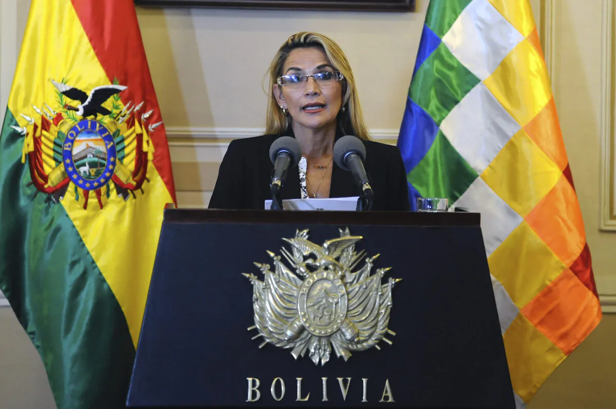 Bolivia's interim president, Jeanine Anez speaks during a press conference during her first day in power, at the Quemado presidential palace in La Paz, on Nov. 13, 2019. (Jorge Bernal/AFP via Getty Images)