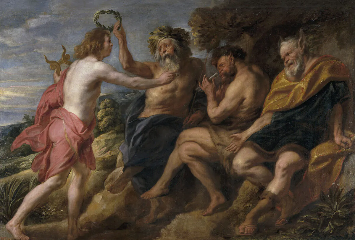 (L–R) Apollo is crowned by Tmolus in a contest with Pan, while Midas sports new ears as punishment for poor taste. “Apollo as Victor Over Pan,” 1637, by Jacob Jordaens. Oil on Canvas, 70.8 inches by 106.2 inches. Prado Museum, Madrid. (Public Domain)