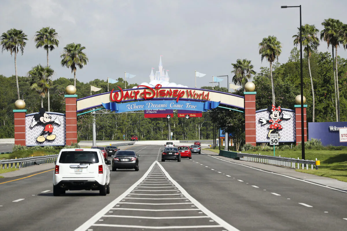A view of the Walt Disney World theme park entrance in Lake Buena Vista, Fla., on July 11, 2020. The theme park reopened despite a surge in new COVID-19 infections throughout Florida, including the central part of the state where Orlando is located. (Octavio Jones/Getty Images)