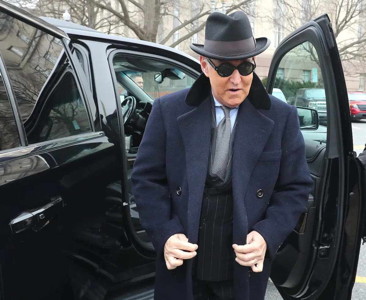 Former advisor to President Donald Trump, Roger Stone, arrives at the E. Barrett Prettyman United States Courthouse, in Washington, on February 20, 2020. (Mark Wilson/Getty Images)