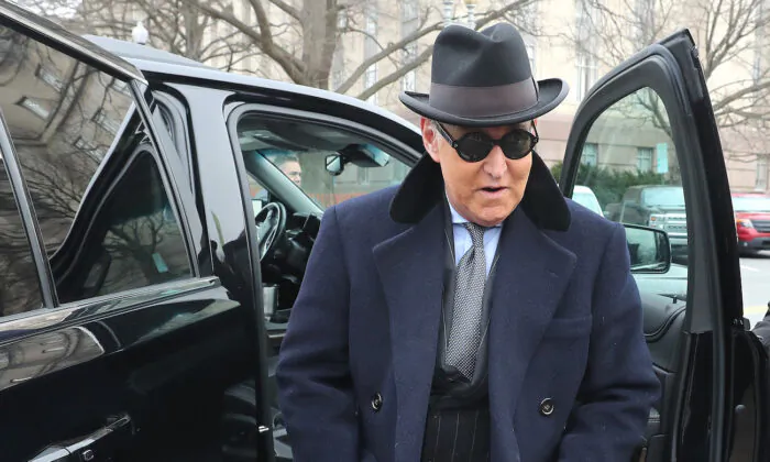 Former advisor to President Donald Trump, Roger Stone, arrives at the E. Barrett Prettyman United States Courthouse, in Washington, on February 20, 2020. (Mark Wilson/Getty Images)