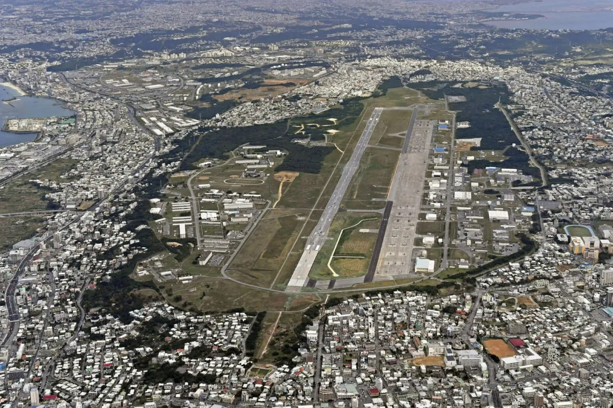 Aerial file photo shows U.S. Marine Air Station Futenma in Ginowan, Okinawa, southern Japan on Jan. 27, 2018. (Kyodo News via AP)