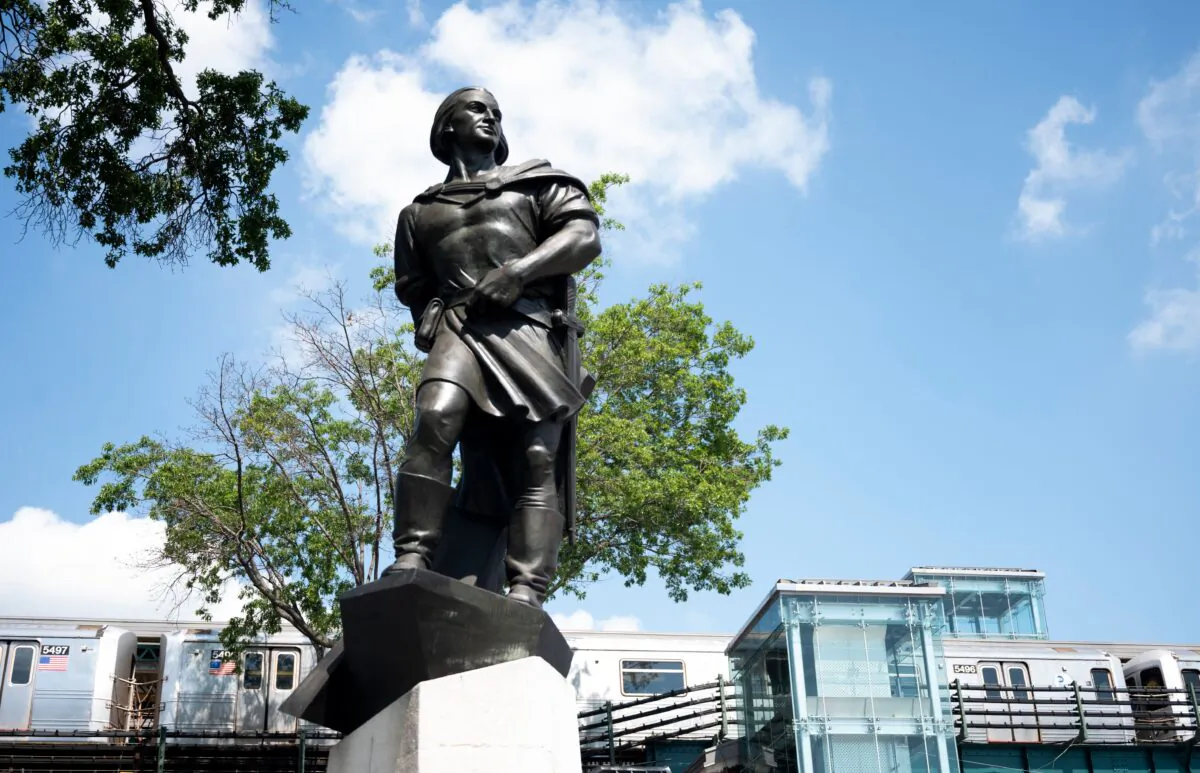 A statue of Christopher Columbus in New York City on July 9, 2020. (Johannes Eisele/AFP/Getty Images)