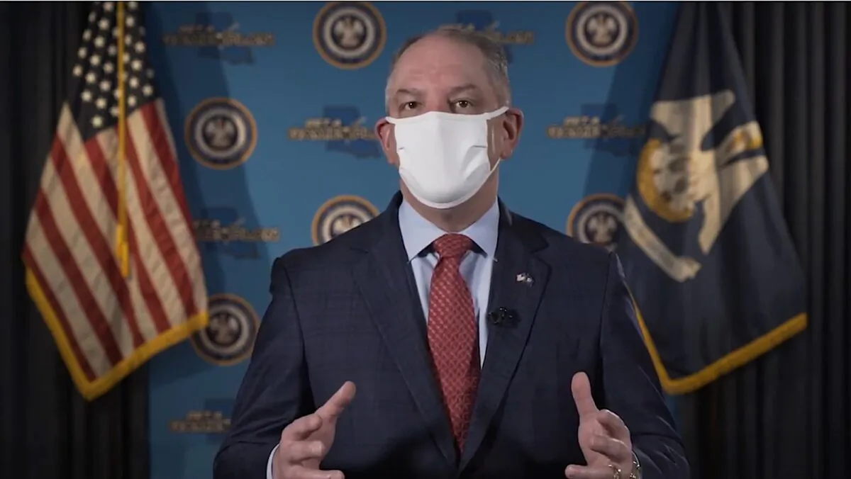 Louisiana Gov. John Bel Edwards addresses the issue of wearing masks to help curb the spread of COVID-19, on May 14, 2020. (Office of the Governor via YouTube)