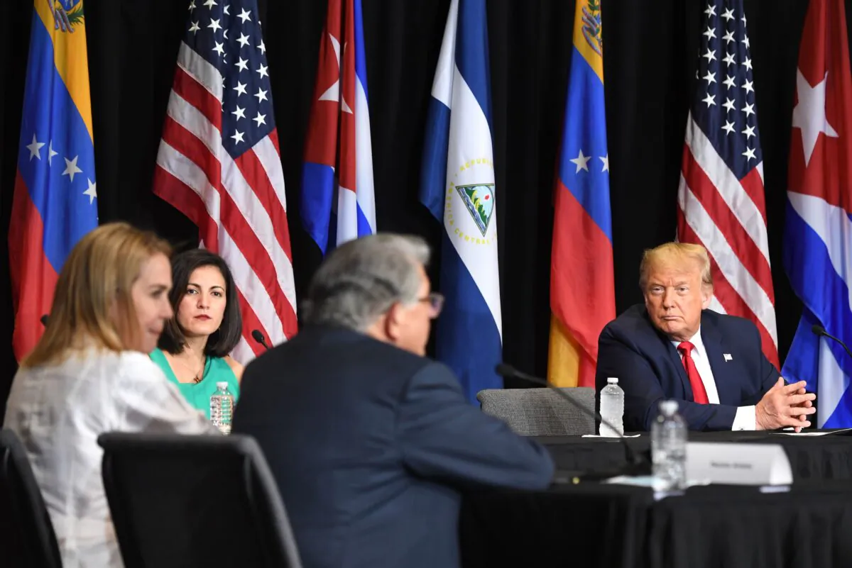 President Donald Trump holds a roundtable on "Supporting the People of Venezuela" at Iglesia Doral Jesus Worship Center in Doral, Fla., on July 10, 2020. (Saul Loeb/AFP via Getty Images)