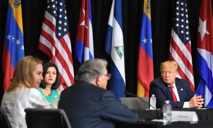 President Donald Trump holds a roundtable on "Supporting the People of Venezuela" at Iglesia Doral Jesus Worship Center in Doral, Fla., on July 10, 2020. (Saul Loeb/AFP via Getty Images)