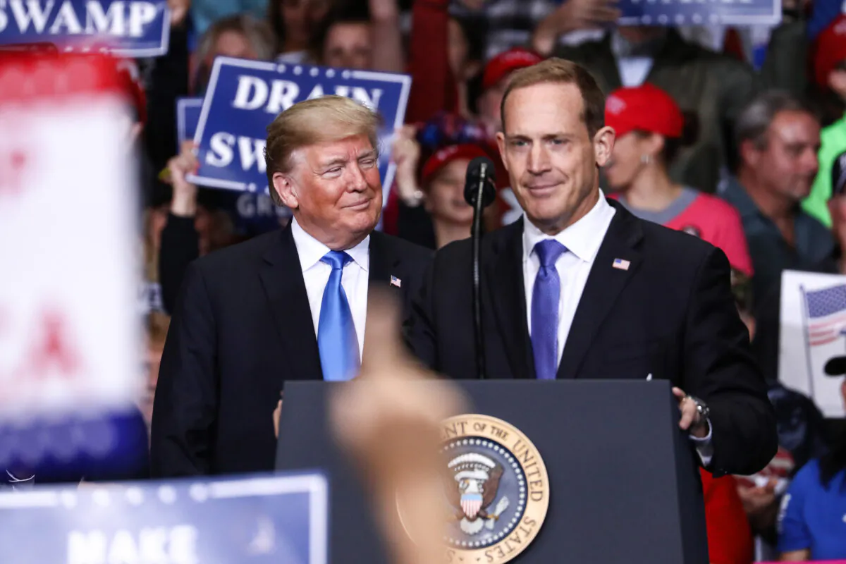President Donald Trump and then-GOP congressional candidate Ted Budd at a Make America Great Again rally in Charlotte, N.C., on Oct. 26, 2018. (Charlotte Cuthbertson/The Epoch Times)