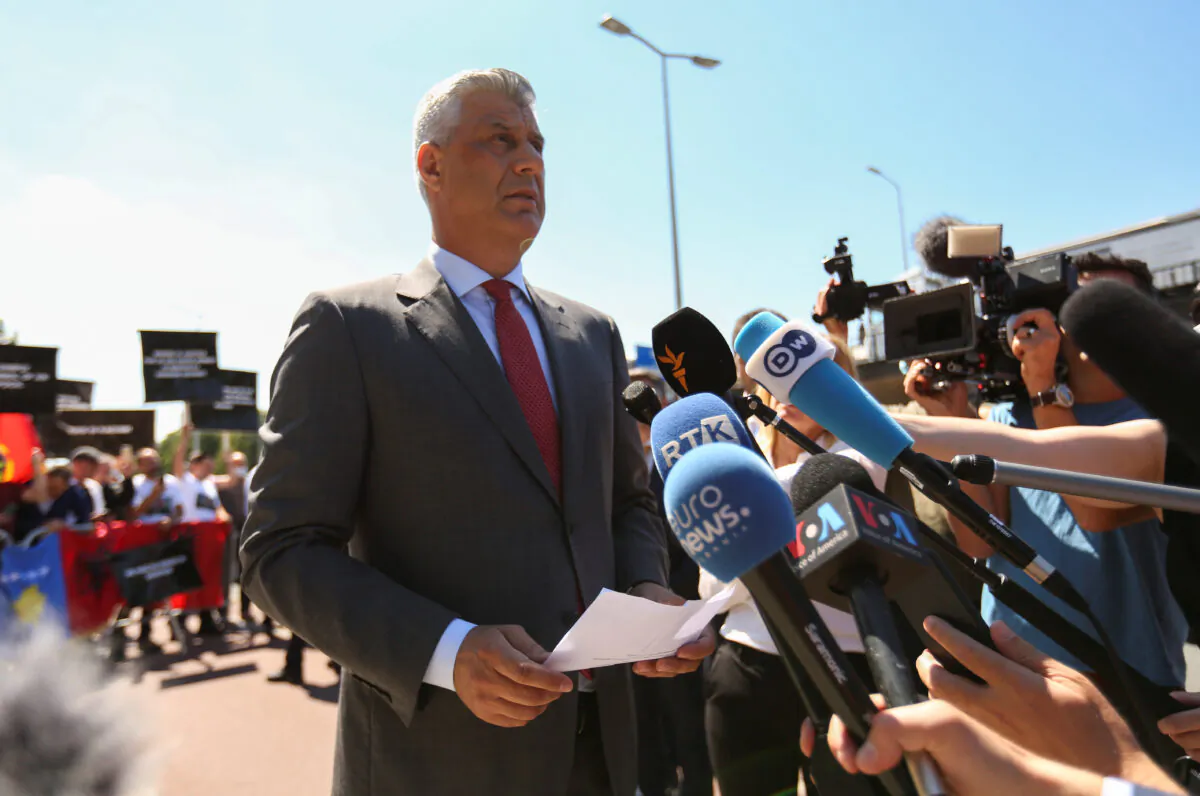 Kosovo's President Hashim Thaci speaks to members of the media before being interviewed by war crimes prosecutors after being indicted by a special tribunal, in The Hague, Netherlands on July 13, 2020. (Eva Plevier/Reuters)