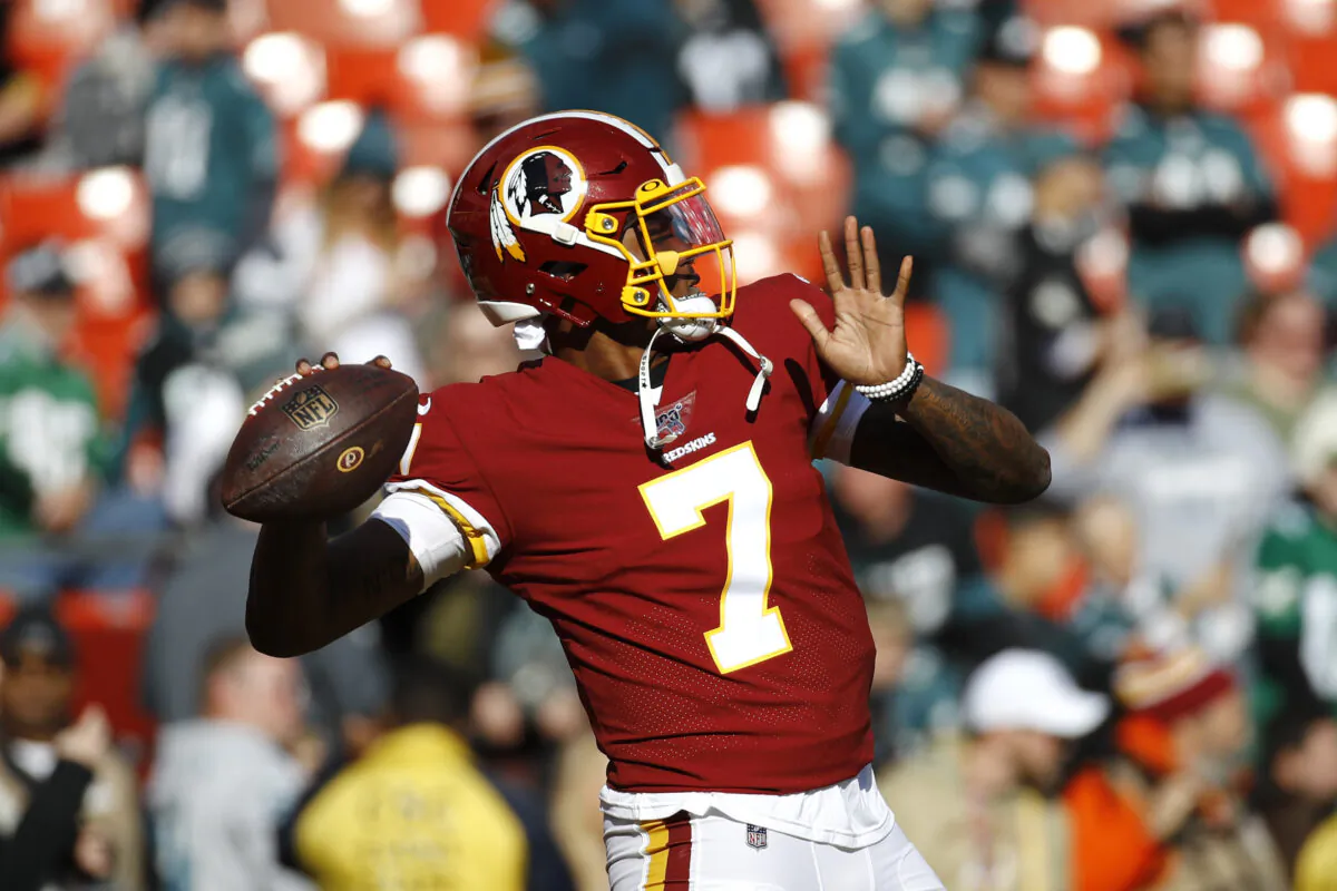 Washington Redskins quarterback Dwayne Haskins warming up before the start of the first half of an NFL football game, in Landover, Md., on Dec. 15, 2019. (Patrick Semansky/AP Photo)