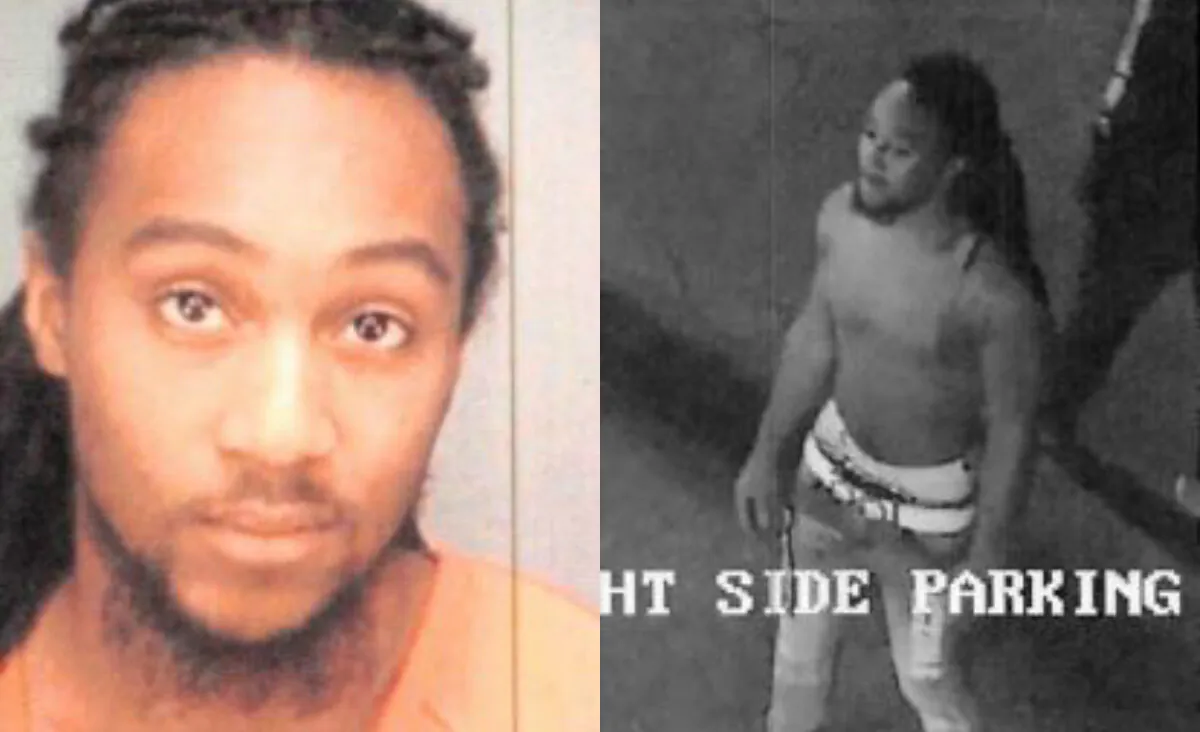 Terrance Hester Jr., left, in a mugshot. On right, Hester participates in looting in Tampa early May 31, 2020. (Pinellas County/FBI)