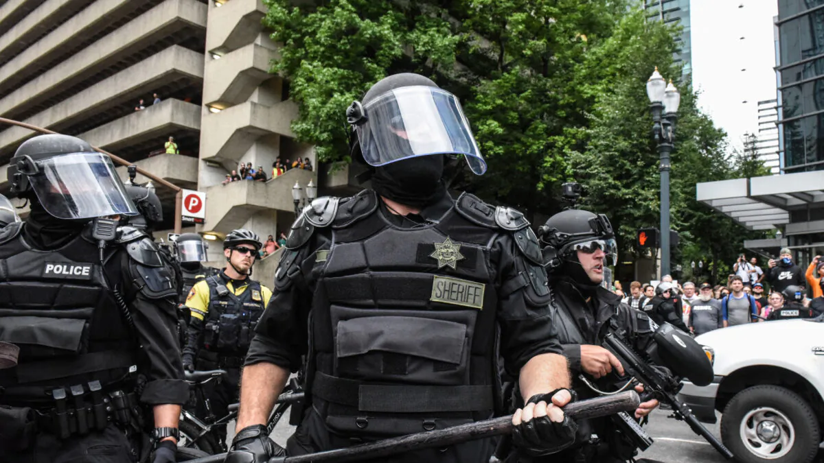 Portland police respond to protesters during a previous rally in Portland, Oregon, on Aug. 17, 2019. (Stephanie Keith/Getty Images)