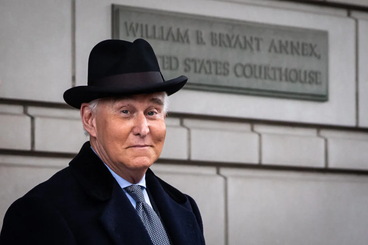 Roger Stone, former adviser to President Donald Trump, leaves the Federal Court after a sentencing hearing in Washington, on Feb. 20, 2020. (Samira Bouaou/Epoch Times)
