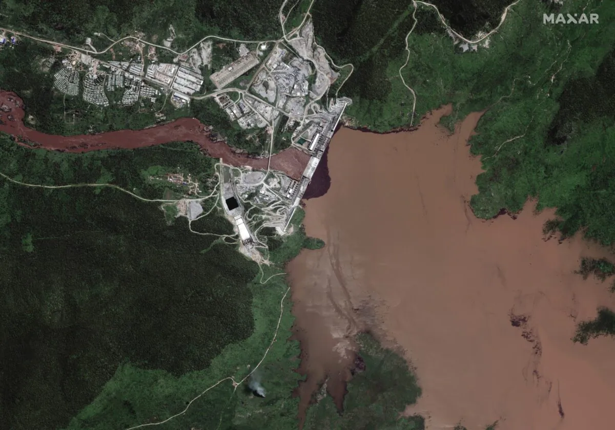 This satellite image shows the Grand Ethiopian Renaissance Dam on the Blue Nile river in the Benishangul-Gumuz region of Ethiopia, on July 12, 2020. (Maxar Technologies via AP)