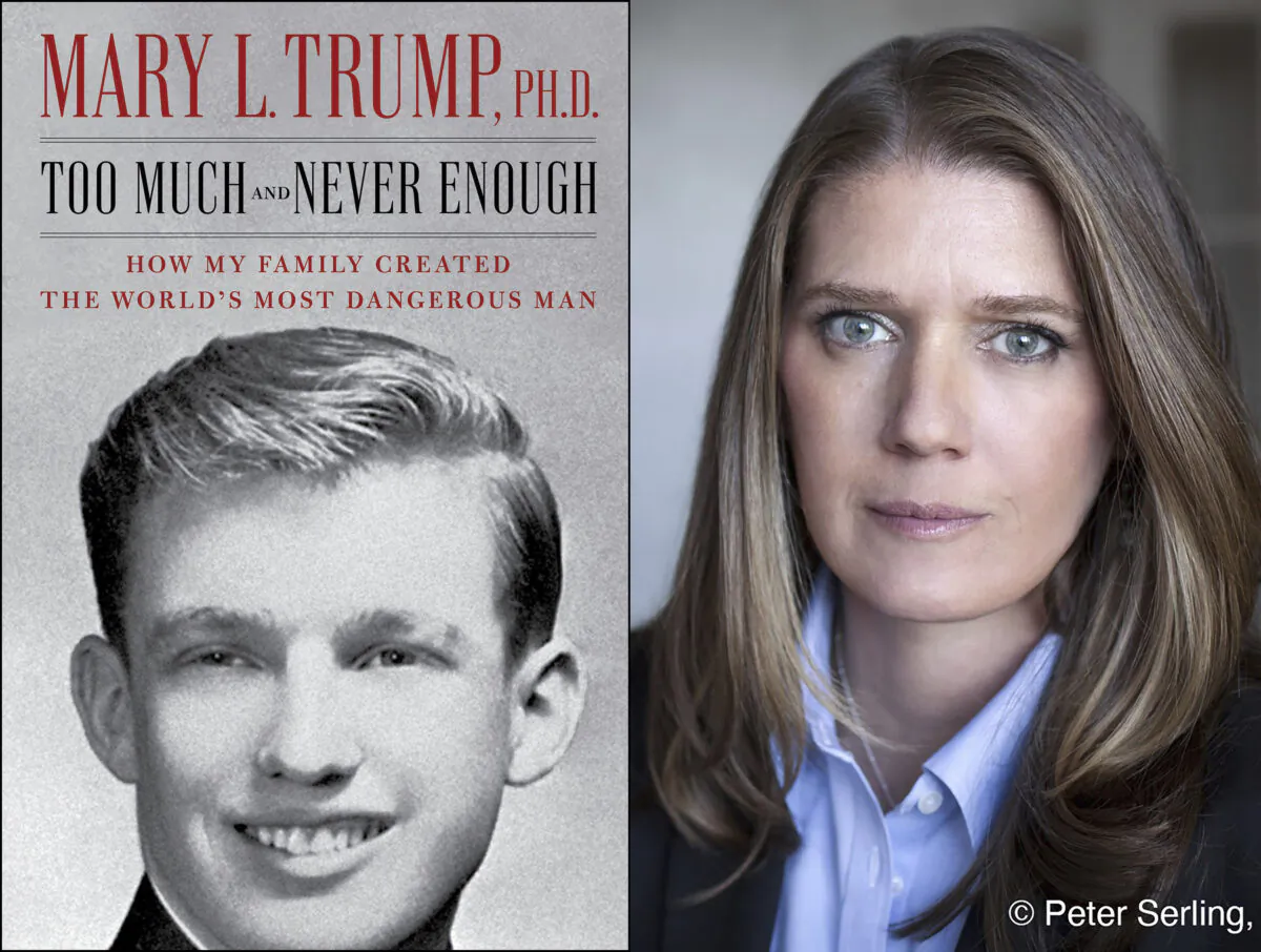 This combination photo shows the cover art for "Too Much and Never Enough: How My Family Created the World’s Most Dangerous Man", left, and a portrait of author Mary L. Trump, Ph.D. The book, written by the niece of President Donald J. Trump, was originally set for release on July 28, 2020, but will now arrive on July 14. (Simon & Schuster, left, and Peter Serling/Simon Schuster via AP)