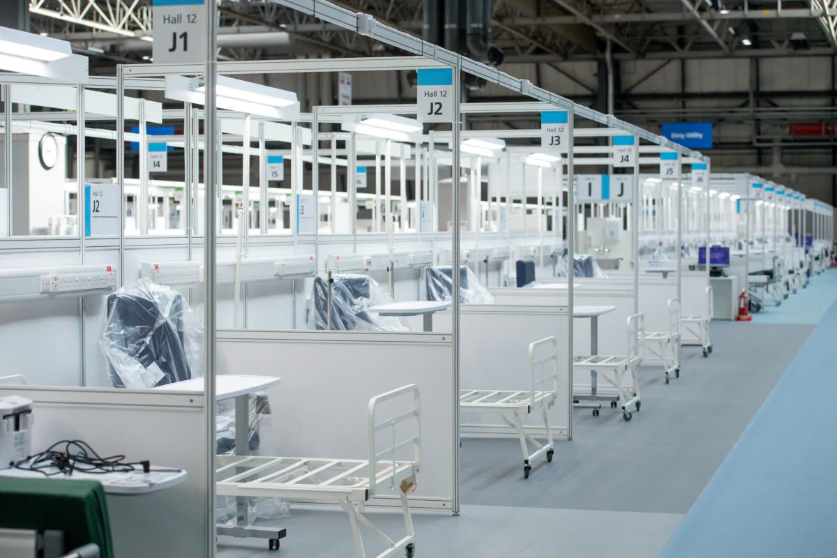General view inside NHS Nightingale Hospital Birmingham, built in the National Exhibition Centre (NEC), in Birmingham, Britain, on April 16, 2020. (Jacob King/Reuters)