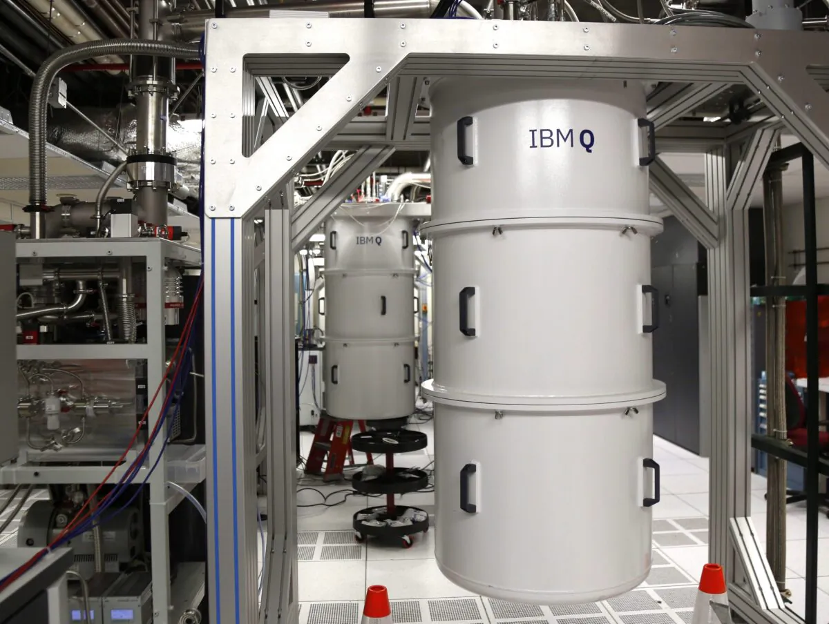 A quantum computer, encased in a refrigerator that keeps the temperature close to absolute zero in the quantum computing lab at the IBM Thomas J. Watson Research Center in Yorktown Heights, N.Y. on Feb. 27, 2018. (AP Photo/Seth Wenig)