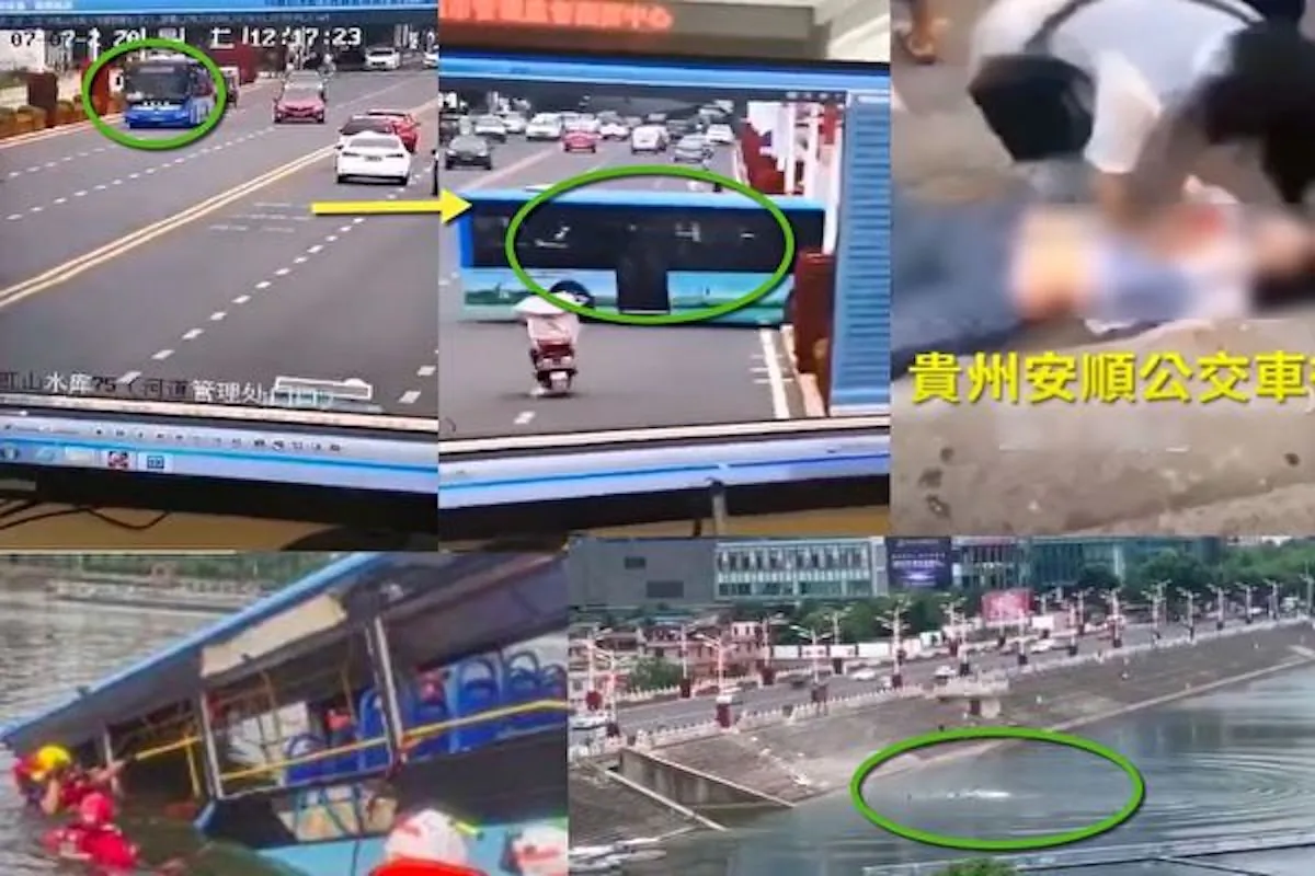 Screenshots from a surveillance video show a bus plunging into the Hongshan Reservoir in Anshun city, Guizhou Province, China on July 7, 2020. Sources claim the bus driver intentionally caused the accident. 