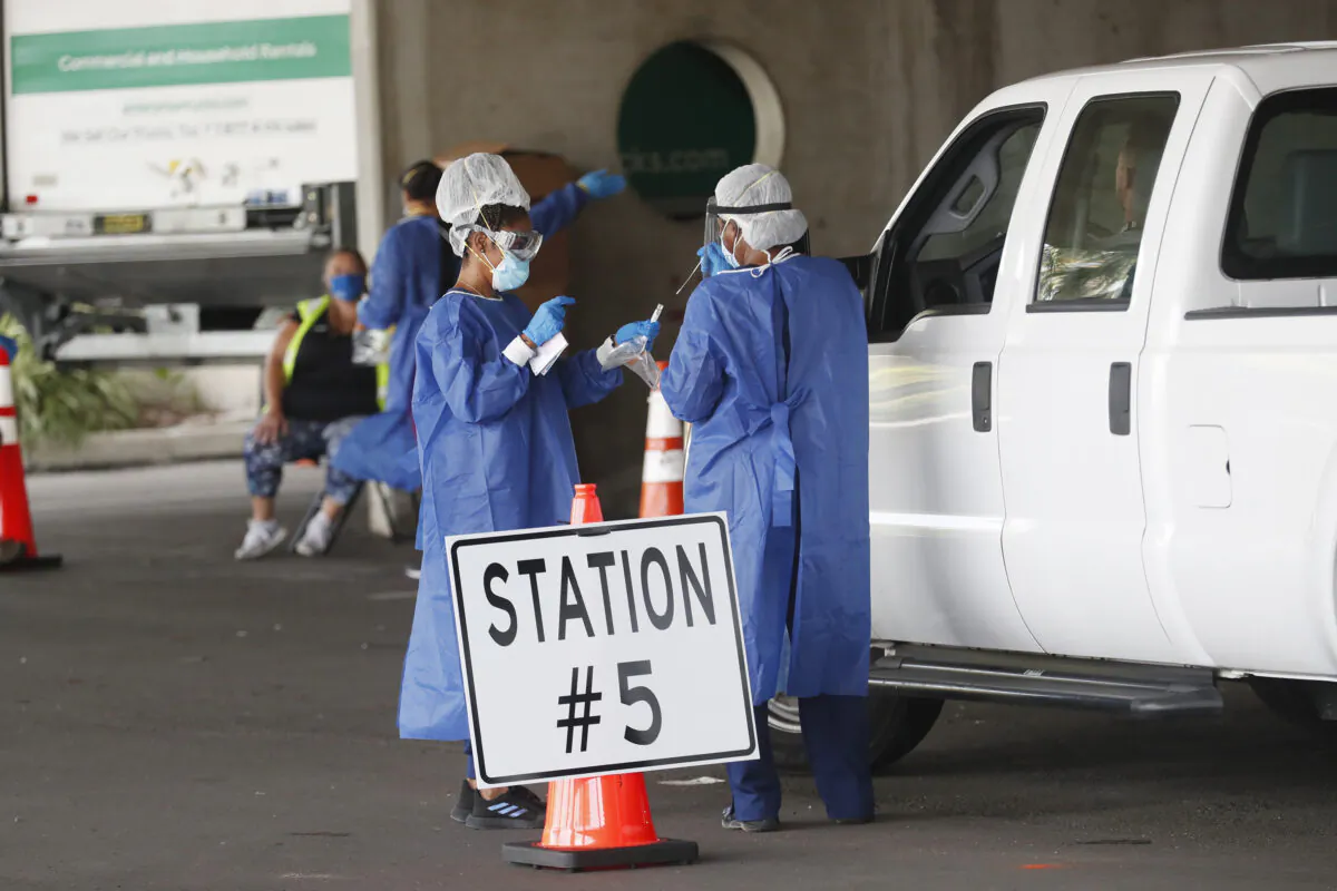 Healthcare workers test patients at the COVID-19 drive-thru testing site at the Duke Energy for the Arts Mahaffey Theater in St. Petersburg, Fla., on July 8, 2020. (Octavio Jones/Getty Images)