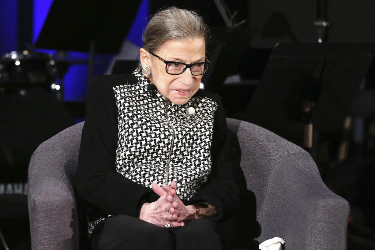 Supreme Court Justice Ruth Bader Ginsburg at the National Constitution Center Americas Town Hall at the National Museum of Women in the Arts, in Washington, on Dec. 17, 2019. (AP Photo/Steve Helber)