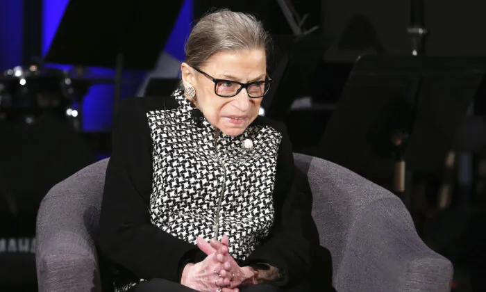 Supreme Court Justice Ruth Bader Ginsburg at the National Constitution Center Americas Town Hall at the National Museum of Women in the Arts, in Washington, on Dec. 17, 2019. (AP Photo/Steve Helber)