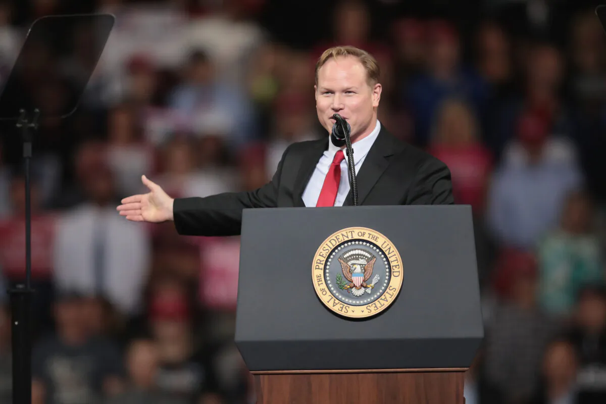 Republican candidate for the U.S. House in Kansas's 2nd District Steve Watkins speaks at a rally with President Donald Trump at the Kansas Expocenter in Topeka, Kansas on Oct. 6, 2018. (Scott Olson/Getty Images)