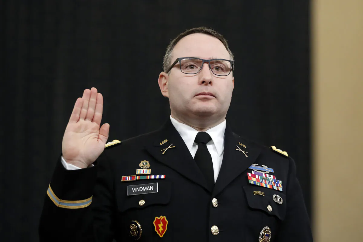 National Security Council aide Lt. Col. Alexander Vindman is sworn in to testify before the House Intelligence Committee on Capitol Hill in Washington on Nov. 19, 2019. (Andrew Harnik/AP Photo)