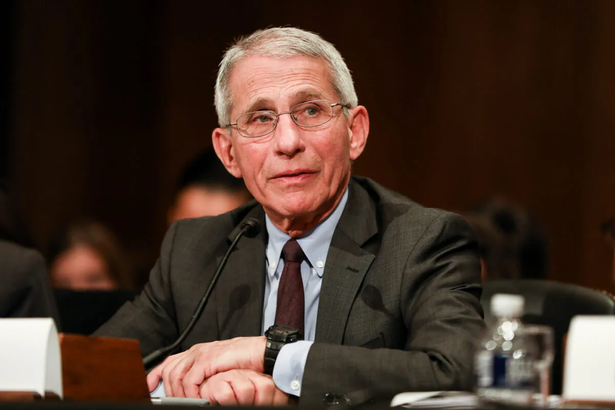 National Institute of Allergy and Infectious Diseases Director Anthony Fauci testifies at a Senate hearing regarding the coronavirus in Washington on March 3, 2020. (Charlotte Cuthbertson/The Epoch Times)