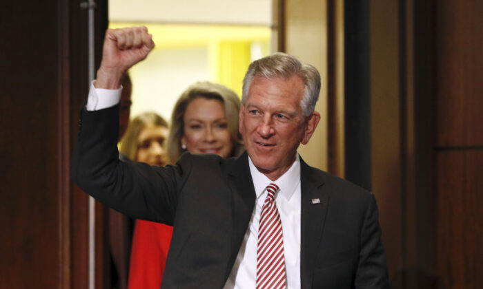 Former Auburn football coach Tommy Tuberville gestures while greeting supporters after he defeated Jeff Sessions in the Republican primary for U.S. Senate, in Montgomery, Ala., on July 14, 2020. (Butch Dill/AP Photo)