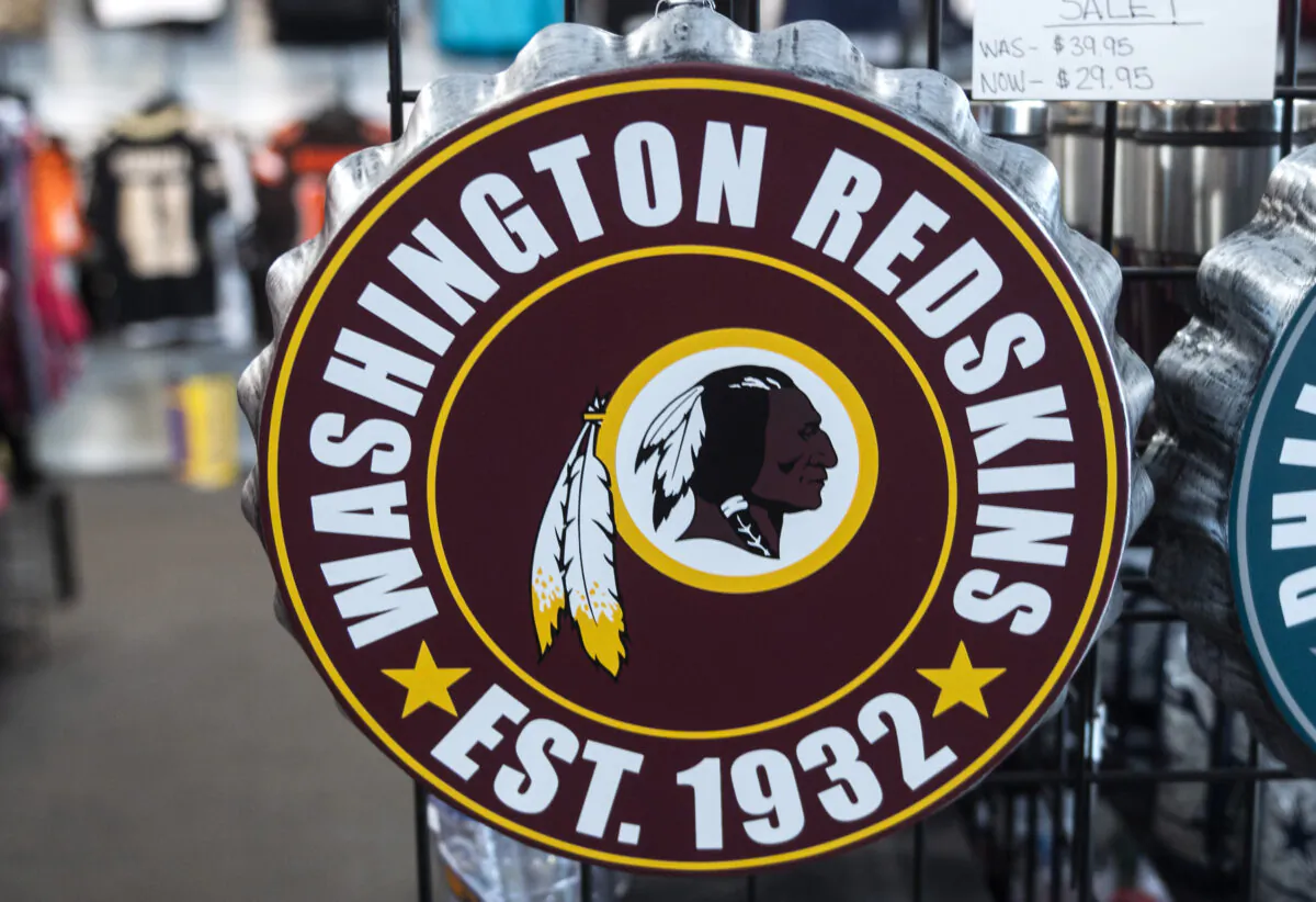 Washington Redskins merchandise is seen for sale at a sports store in Fairfax, Va., on July 13, 2020. (Andrew Caballero-Reynolds/AFP via Getty Images)