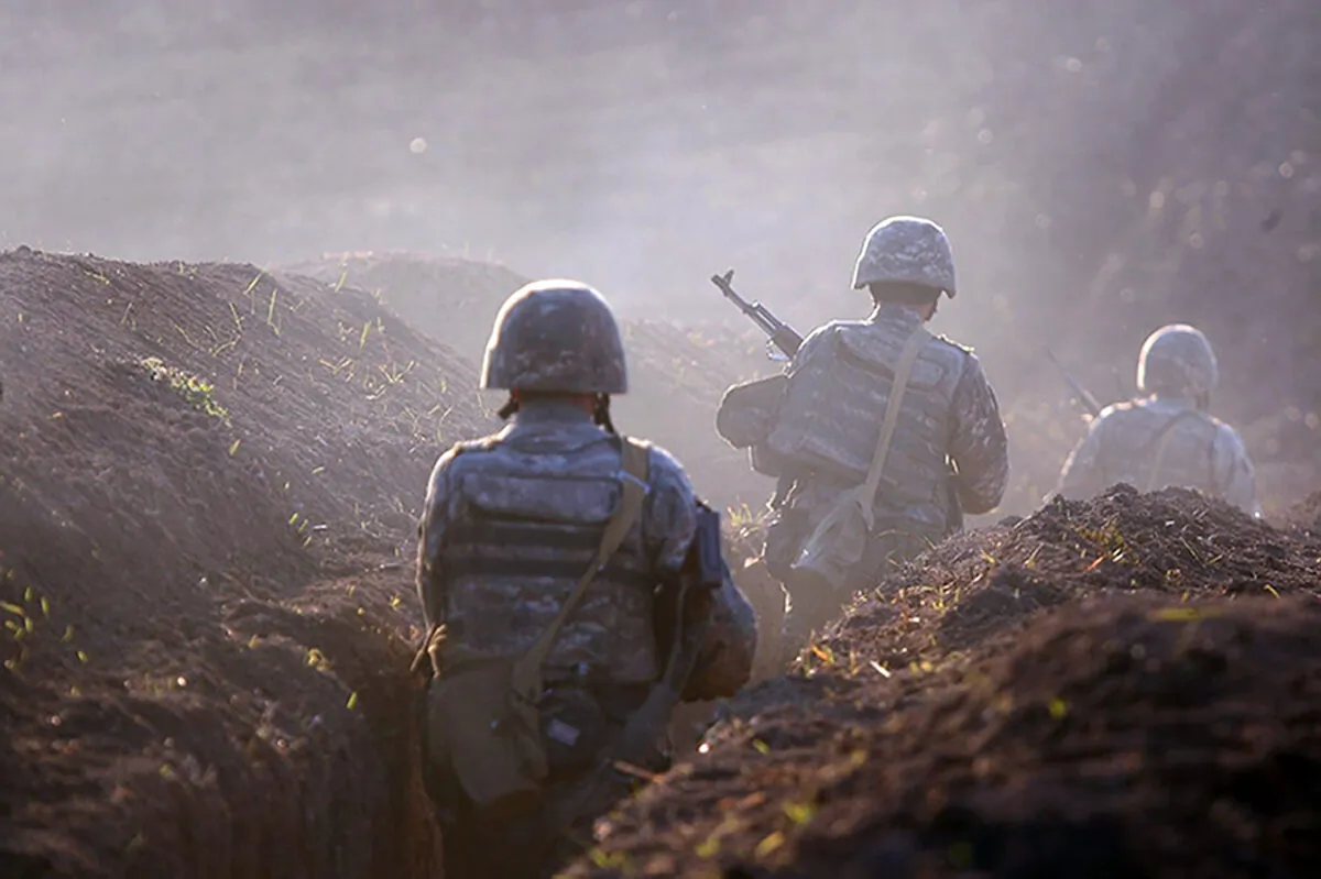 Armenian soldiers take their position on the front line in Tavush region, Armenia, on July 14, 2020. (Armenian Defense Ministry Press Service/AP Photo)