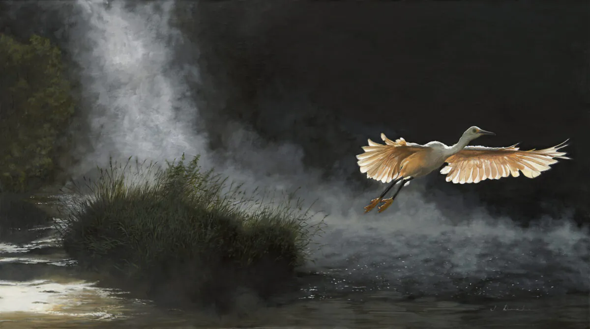 Detail of "Daybreak at River's Edge," 2019, by Jason Drake. Oil on linen; 27 inches by 48 inches. Recipient of the Animal Award (second place) at the “14th International ARC Salon (2019–2020).” (ARC)