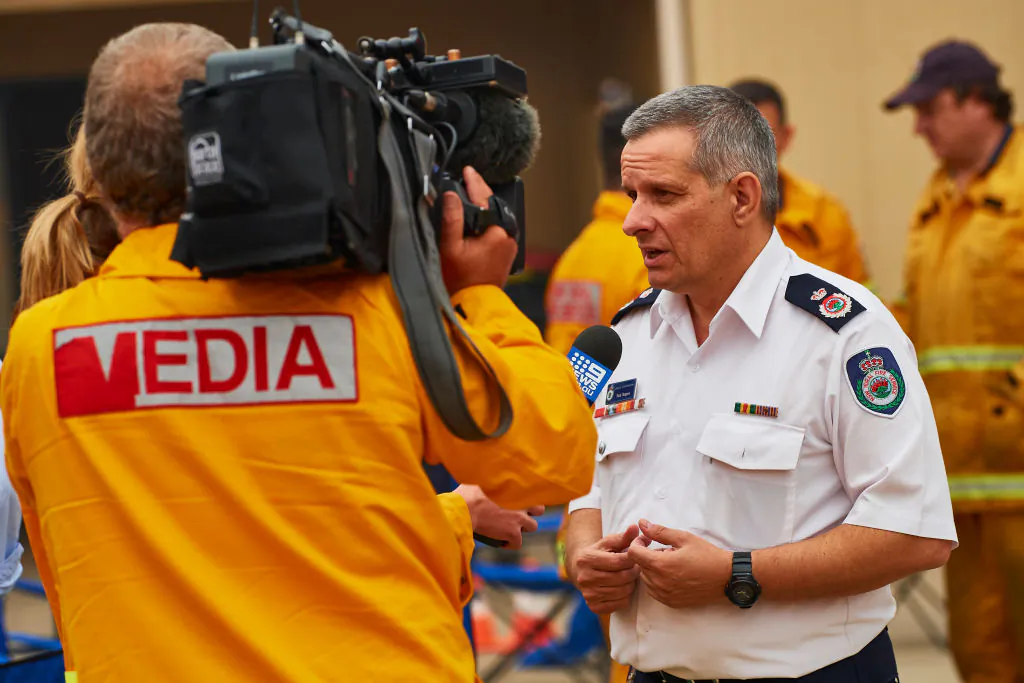 Rob Rogers, Deputy Commissioner of the NSW Rural Fire Service is pictured speaking to the media on January 5, 2020 in Wingello, Australia. (Brett Hemmings/Getty Images)