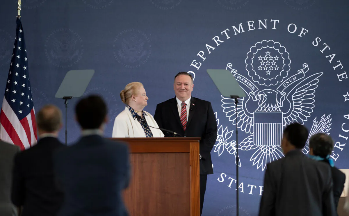 Commission chair Mary Ann Glendon looks at US Secretary of State Mike Pompeo before he speaks at the National Constitution Center about the Commission on Unalienable Rights in Philadelphia on July 16, 2020. (Brendan Smialowski/AFP via Getty Images)