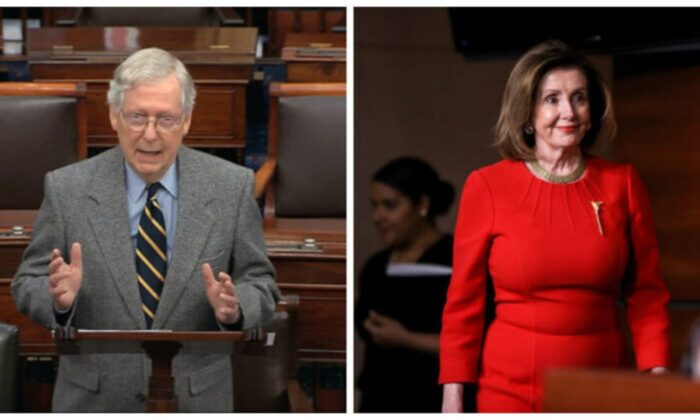 Senate Majority Leader Mitch McConnell (R-Ky.) and House Speaker Nancy Pelosi (D-Calif.). (Senate TV via AP; Charlotte Cuthbertson/The Epoch Times)
