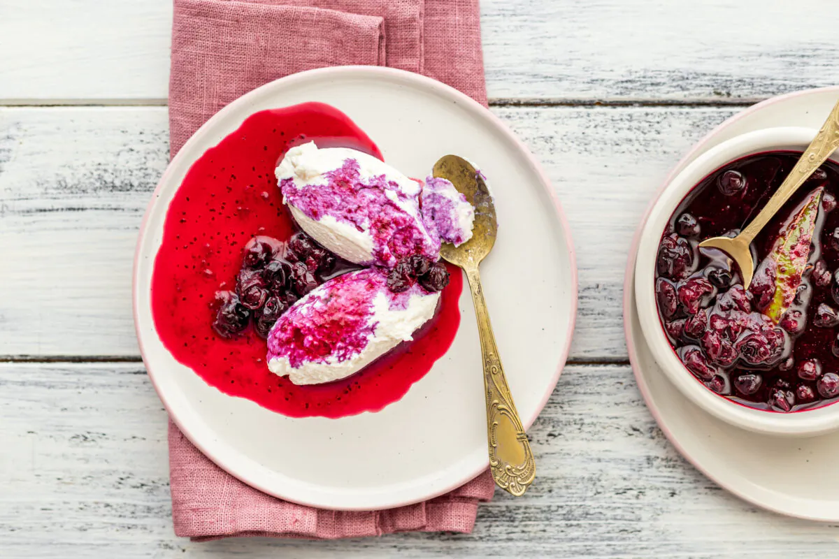 This is a quick and fresh summery dessert: ricotta whipped with cream and sugar until fluffy, paired with a seasonal fruit compote. (Photo by Giulia Scarpaleggia)
