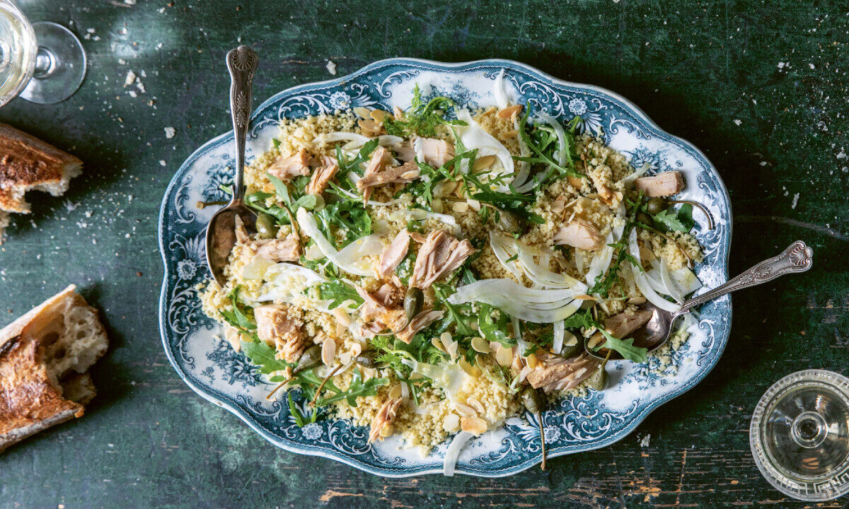 Perfect picnic fare: a hearty couscous salad with caper berries, tuna, fennel, and arugula. (Photo by Skye McAlpine)