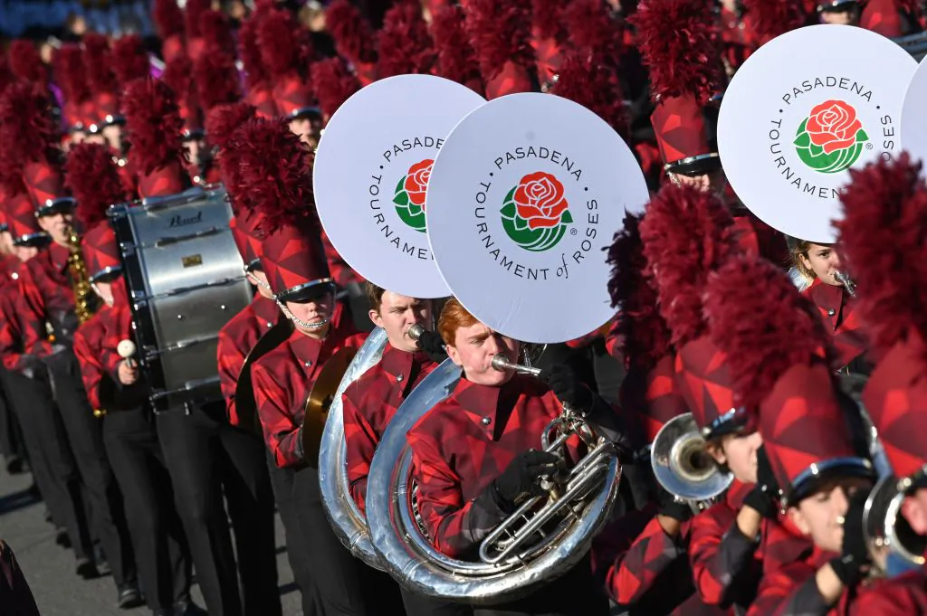A marching band participates in the 131st Rose Parade in Pasadena, Calif., on Jan. 1, 2020. (Robyn Beck/AFP via Getty Images)