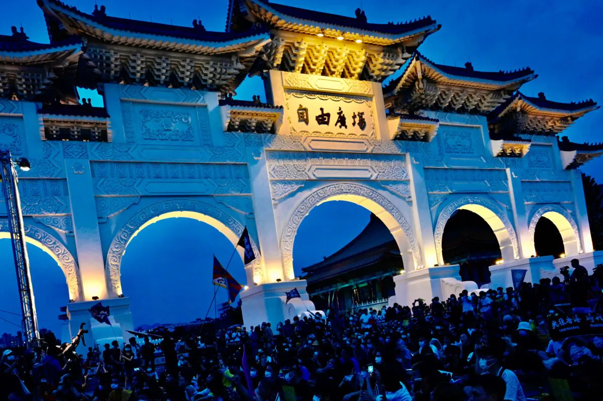 Demonstrators attend a rally to show support for Hong Kong pro-democracy protests at Free Square in Taipei on June 13, 2020. (Sam Yeh/AFP via Getty Images)