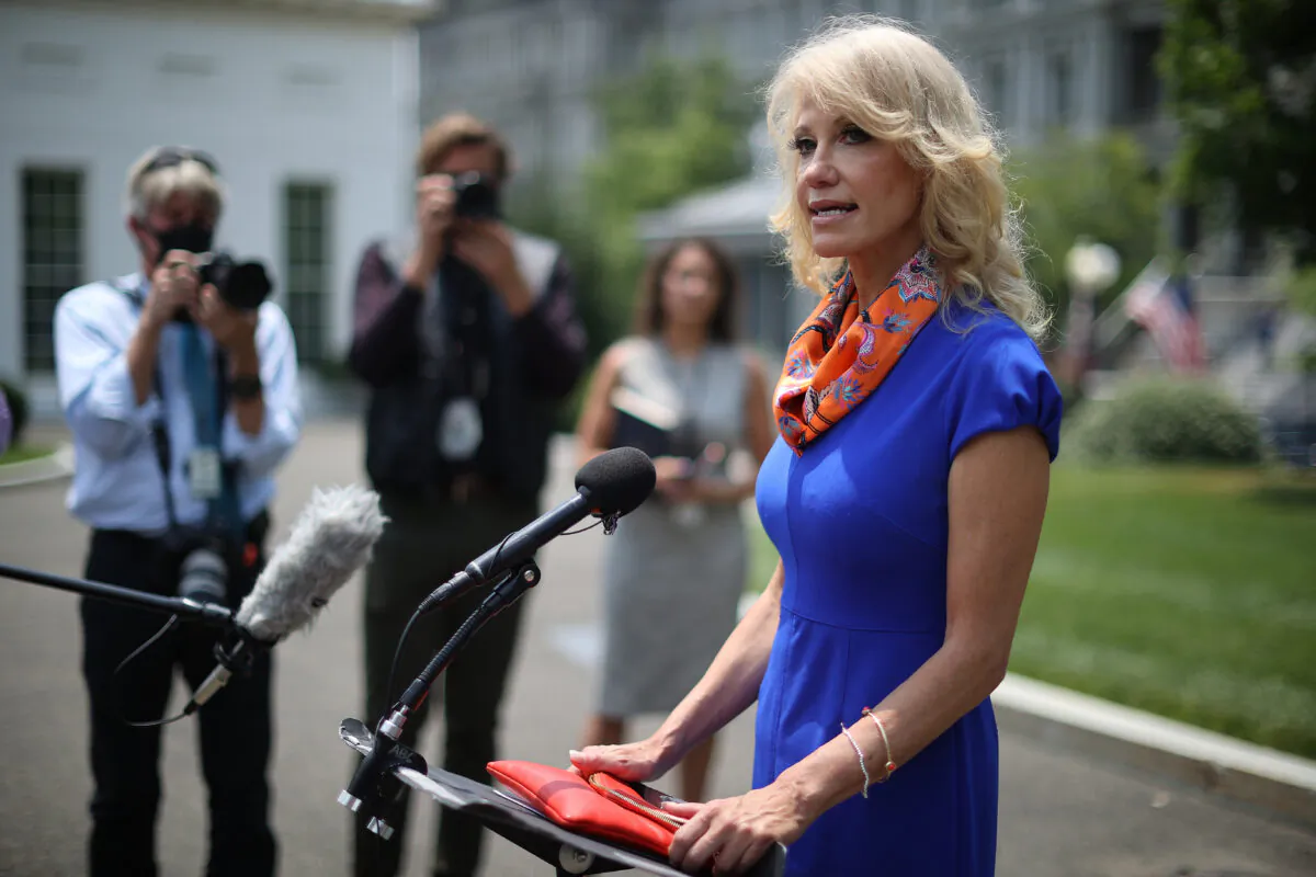 Kellyanne Conway, then advisor to President Donald Trump, talks to reporters outside the White House in Washington on July 7, 2020. (Chip Somodevilla/Getty Images)