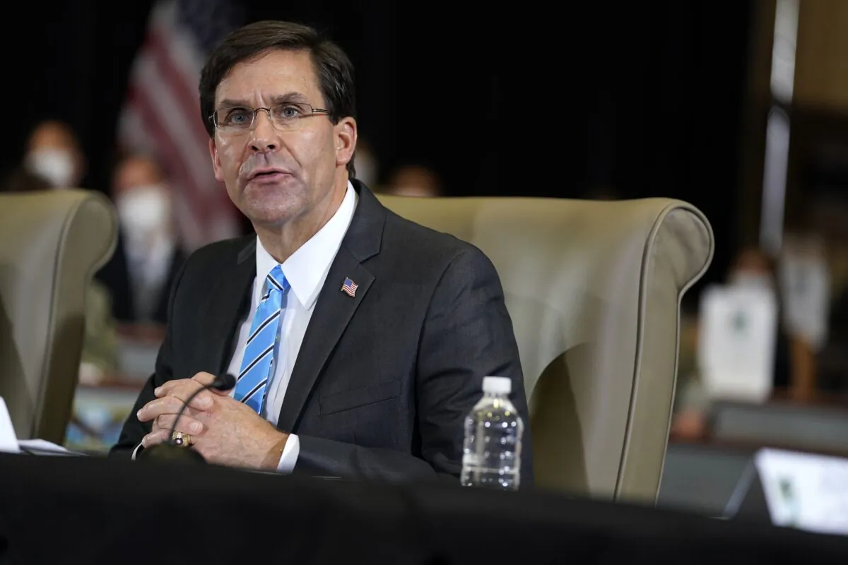 In this July 10, 2020, file photo Defense Secretary Mark Esper speaks during a briefing on counternarcotics operations at U.S. Southern Command in Doral, Fla. (Evan Vucci/AP Photo)