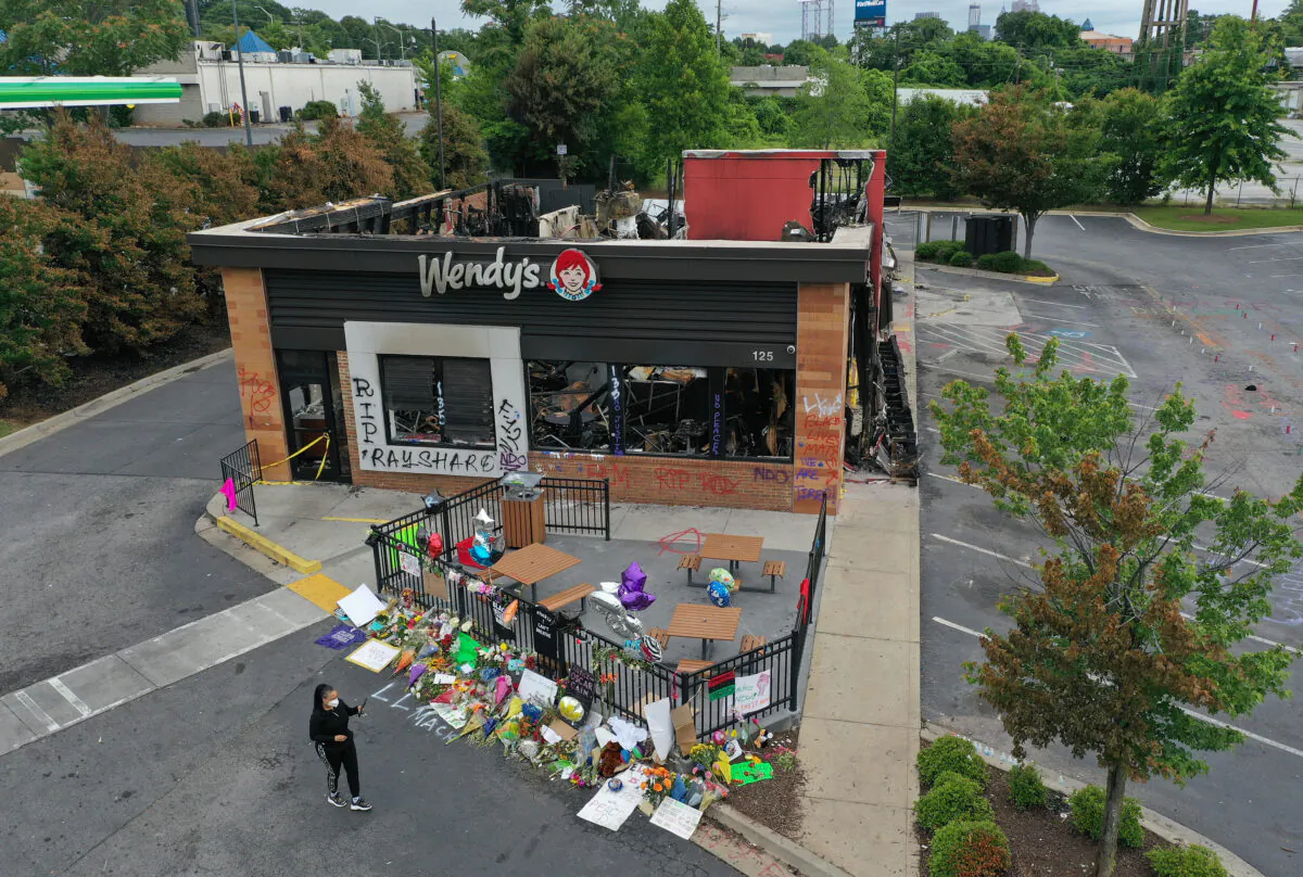 The Wendy's restaurant that was set on fire by rioters after Rayshard Brooks was killed is seen in Atlanta, Ga., on June 17, 2020. (Joe Raedle/Getty Images)